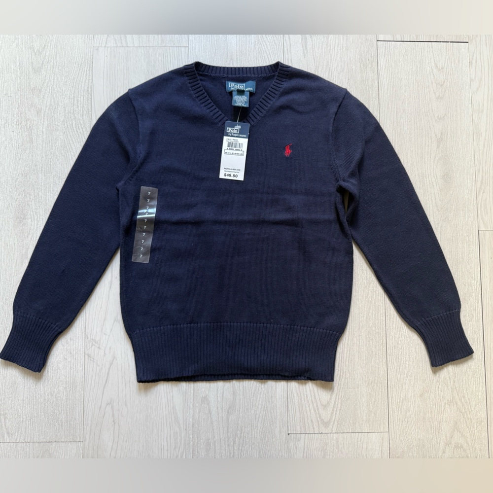 NEW! Navy Ralph Lauren V-Neck Knit Sweater with Red Pony! NEW WITH TAGS! Sz 7
